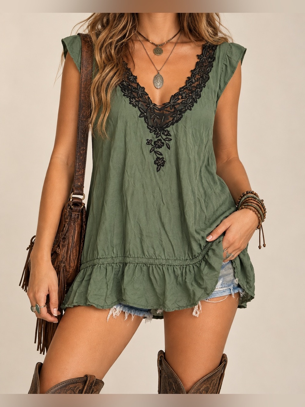 Vintage ANGIE Olive Green Black Floral Lace Boho Tunic Top Small Y2K